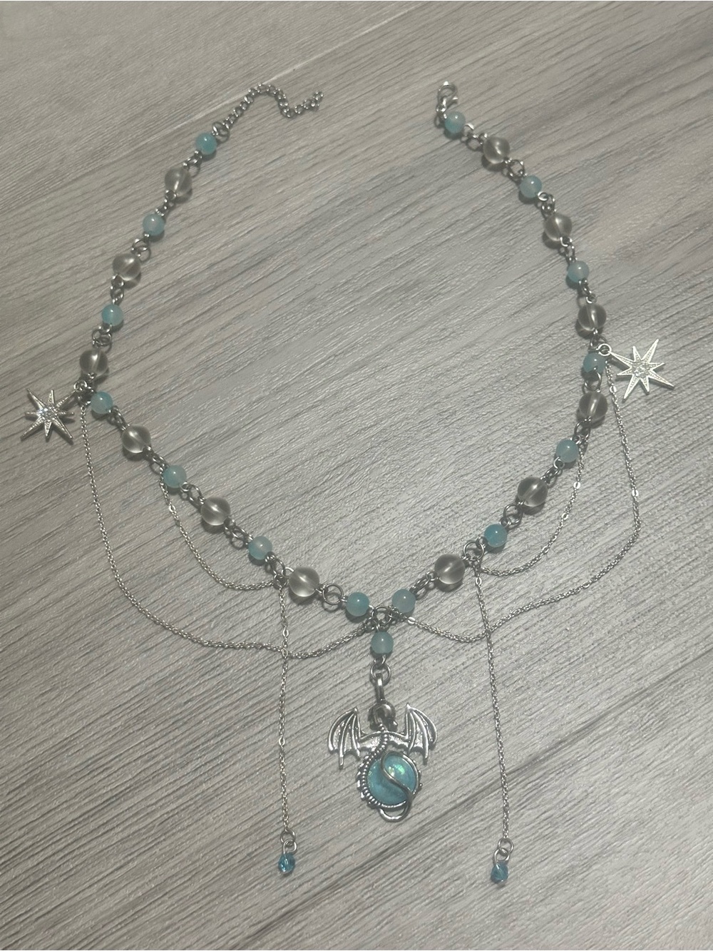 Silver and Aqua Dragon Pendant Multi-Strand Necklace